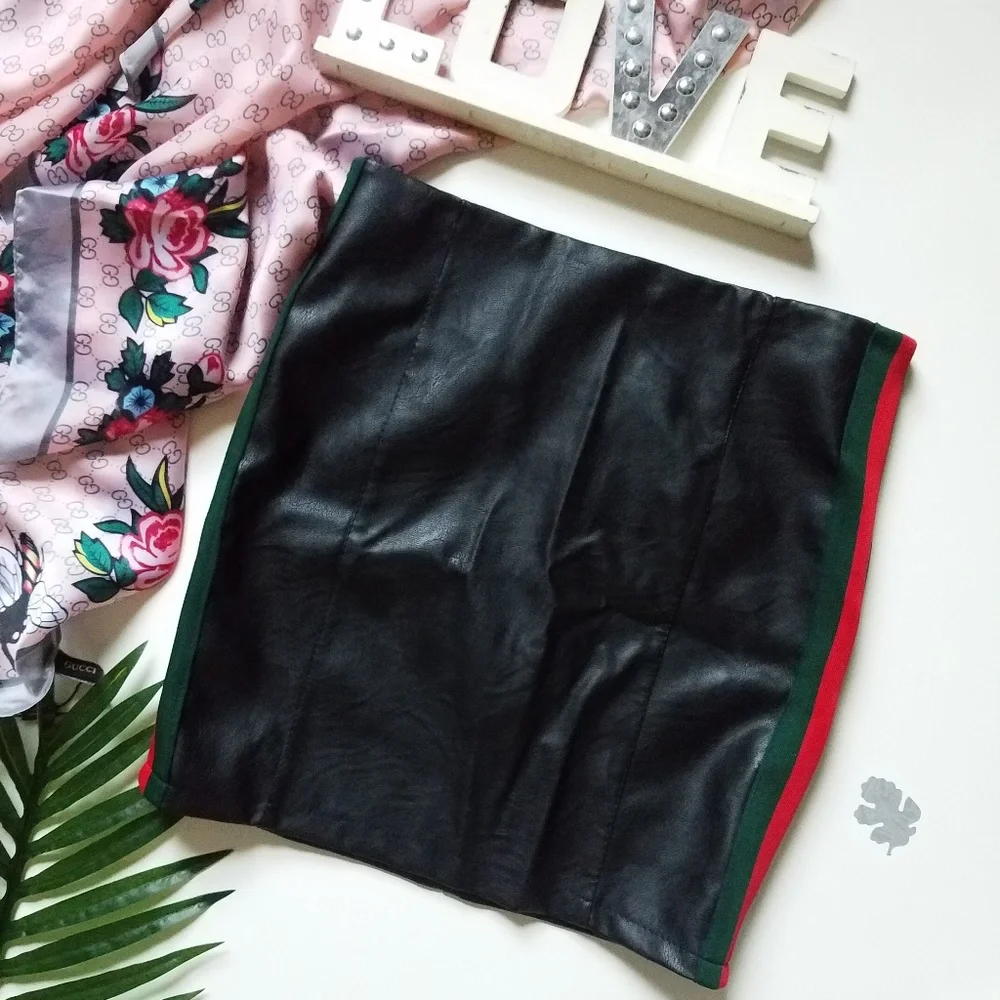 Faux Leather Mini Striped Skirt Black Size S